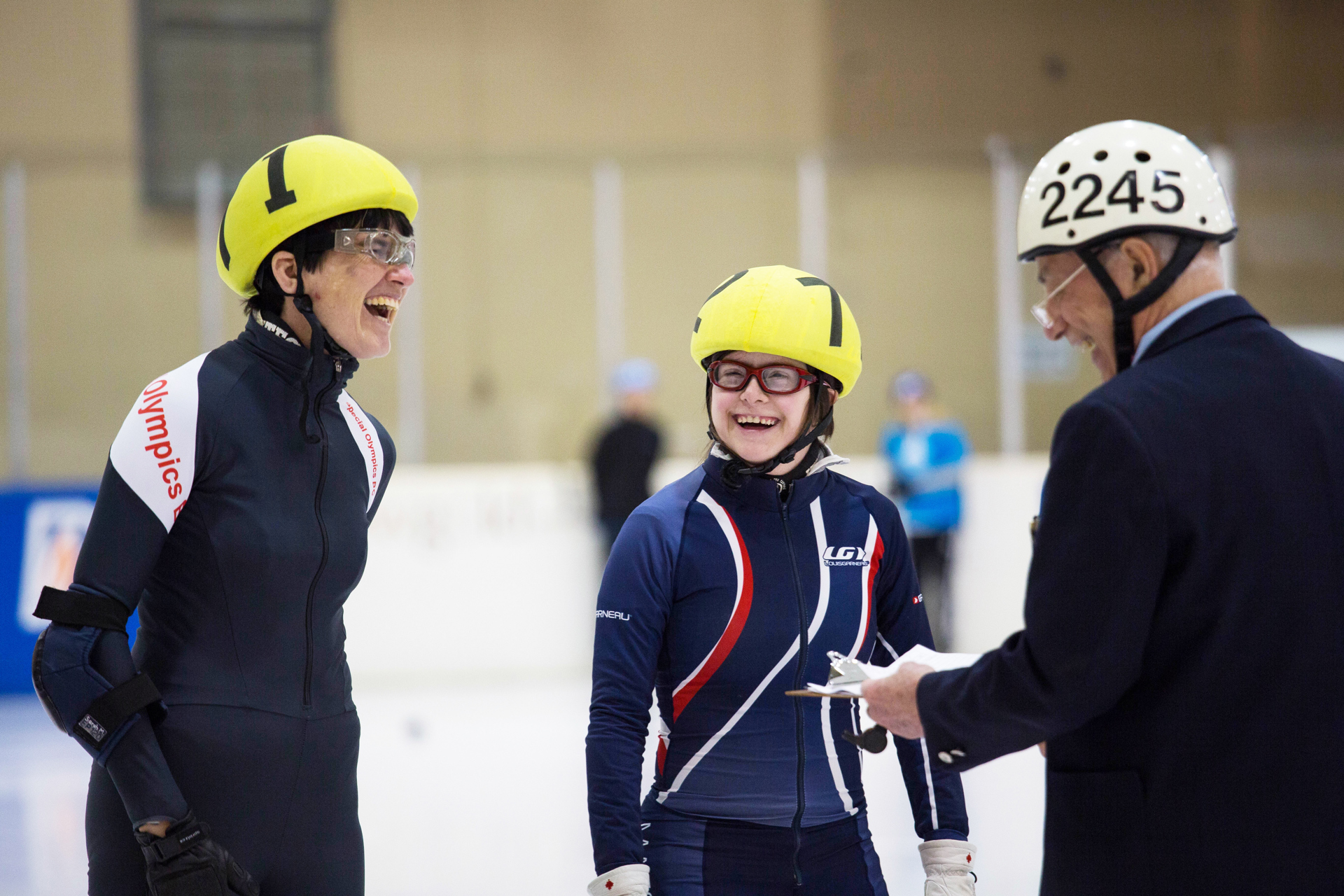 SOBC-CoachAthletesLaugh-SOBCWinterGames-Speedskating-2019