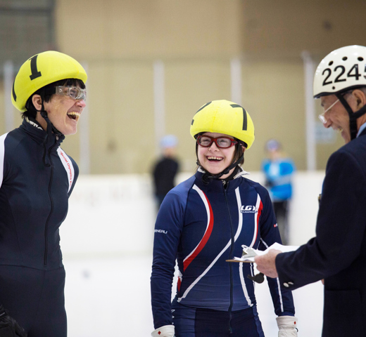 SOBC-CoachAthletesLaugh-SOBCWinterGames-Speedskating-2019