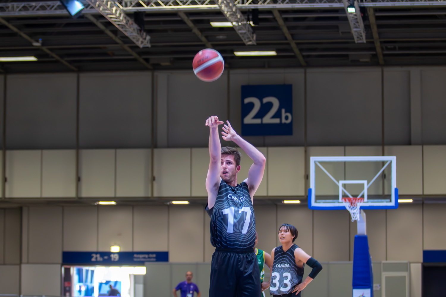 Special Olympics BC basketball athlete shoots a free-throw during play at the 2023 Special Olympics World Games.
