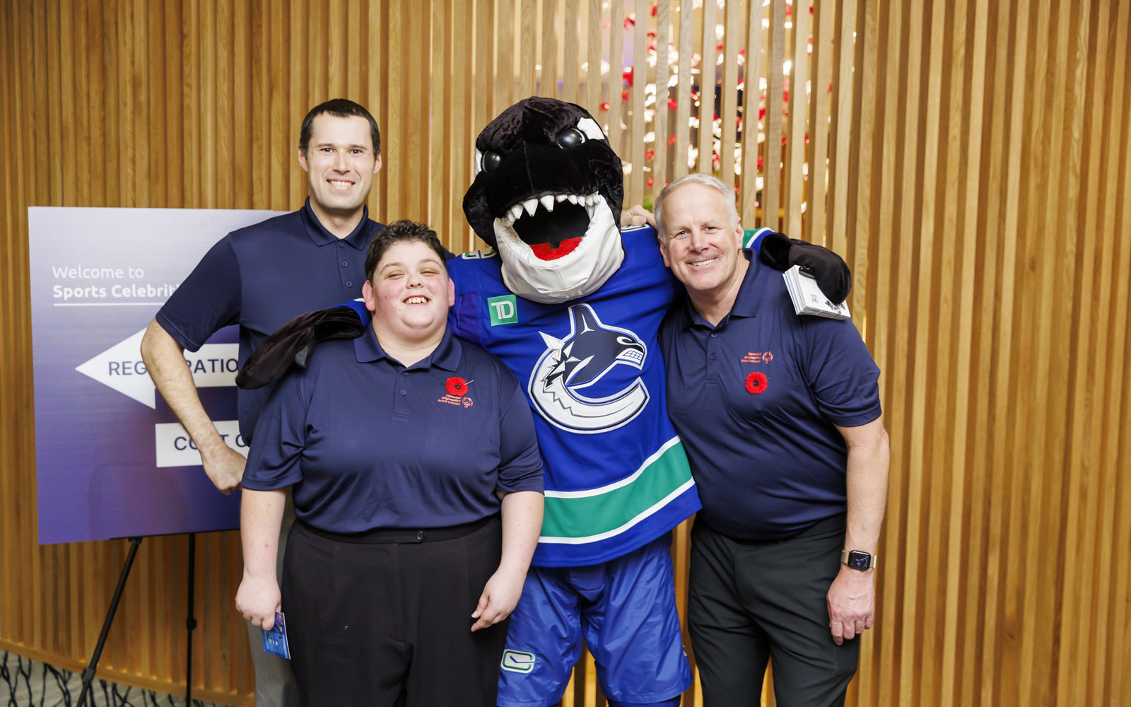 Canucks mascot Finn with Special Olympics BC athletes